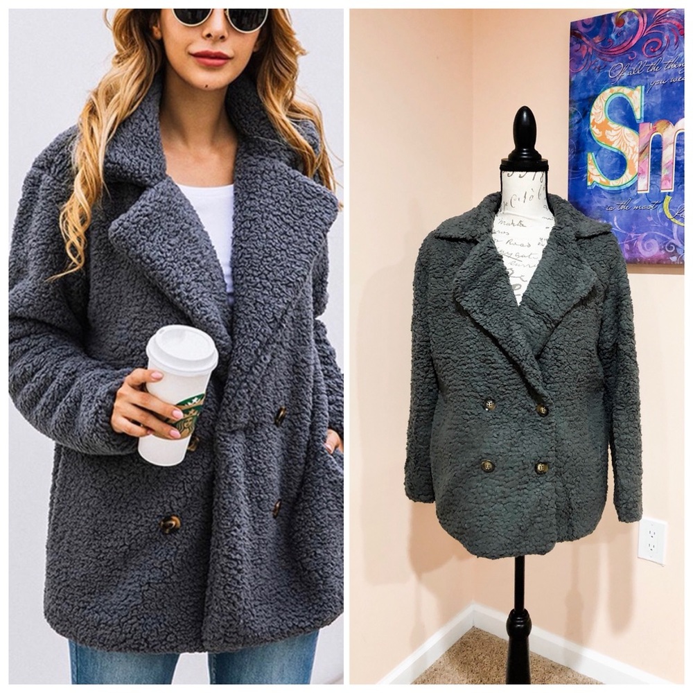 CLEARANCE‼️GREY faux fur Sherpa LAPEL COAT- Jacket - Picture 1 of 4